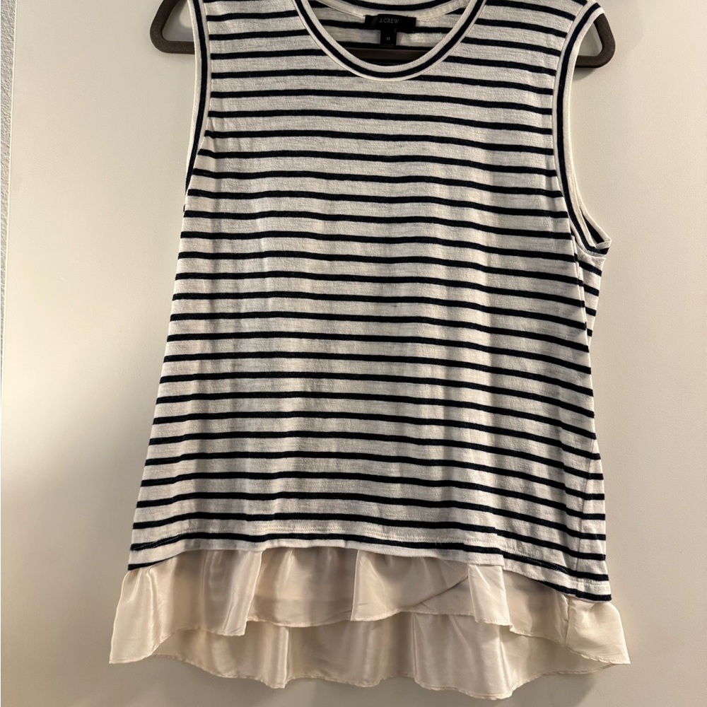 J. Crew Navy and White Striped Sleeveless Tank with Cream Ruffle Hem